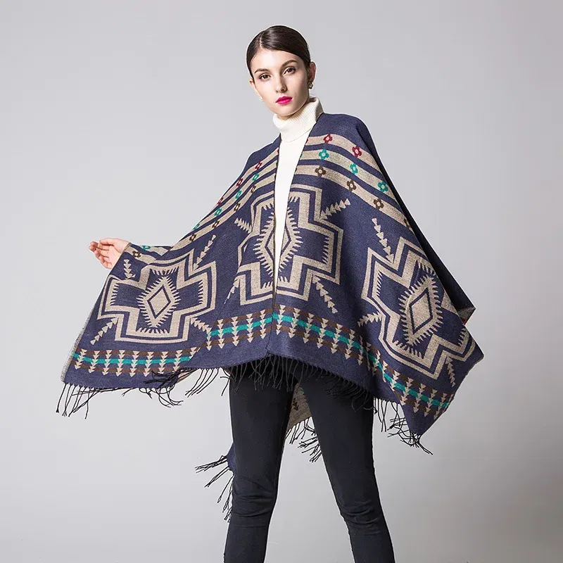 Color: Mint, Size: One Size - European American Popular Tassel Thickened Cashmere Like National Style Travel Fork Shawl Scarf in autumn Ponchos Capes P9