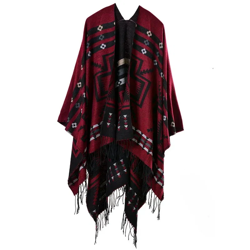 Color: Mint, Size: One Size - European American Popular Tassel Thickened Cashmere Like National Style Travel Fork Shawl Scarf in autumn Ponchos Capes P9