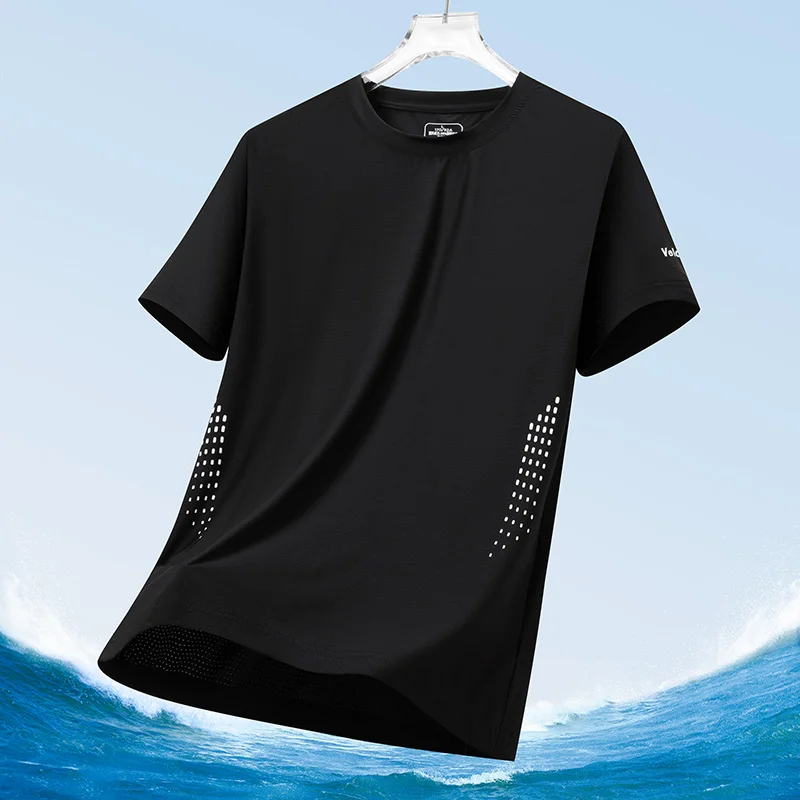 Color: Navy Blue, Size: XL - Men's Silk Ice Round Collar T-shirt, Simple Running Fitness Suit, Breathable Thin T-shirt, Quick Dry T-shirt, Summer