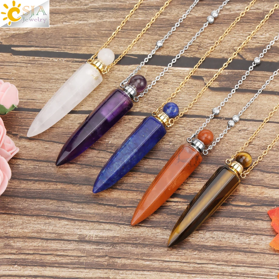 Metal color: Light Yellow Gold Color - CSJA Crystal Perfume Bottle Women Necklace Natural Stone Hexagonal Cone Pendant Reiki Oil Diffuser Necklaces Christmas Gift H358