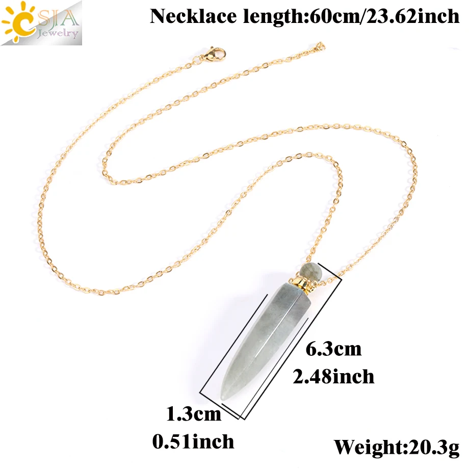 Metal color: Light Yellow Gold Color - CSJA Crystal Perfume Bottle Women Necklace Natural Stone Hexagonal Cone Pendant Reiki Oil Diffuser Necklaces Christmas Gift H358