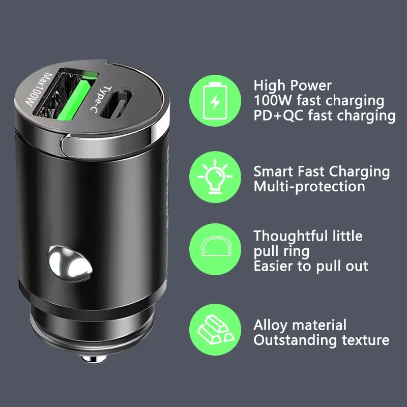 Plug Type: IL - Mini 100W USB Car Charger Dual Ports Pull Ring Fast Charge Type C PD Car Adapter For iphone Samsung Huawei Xiaomi iPad