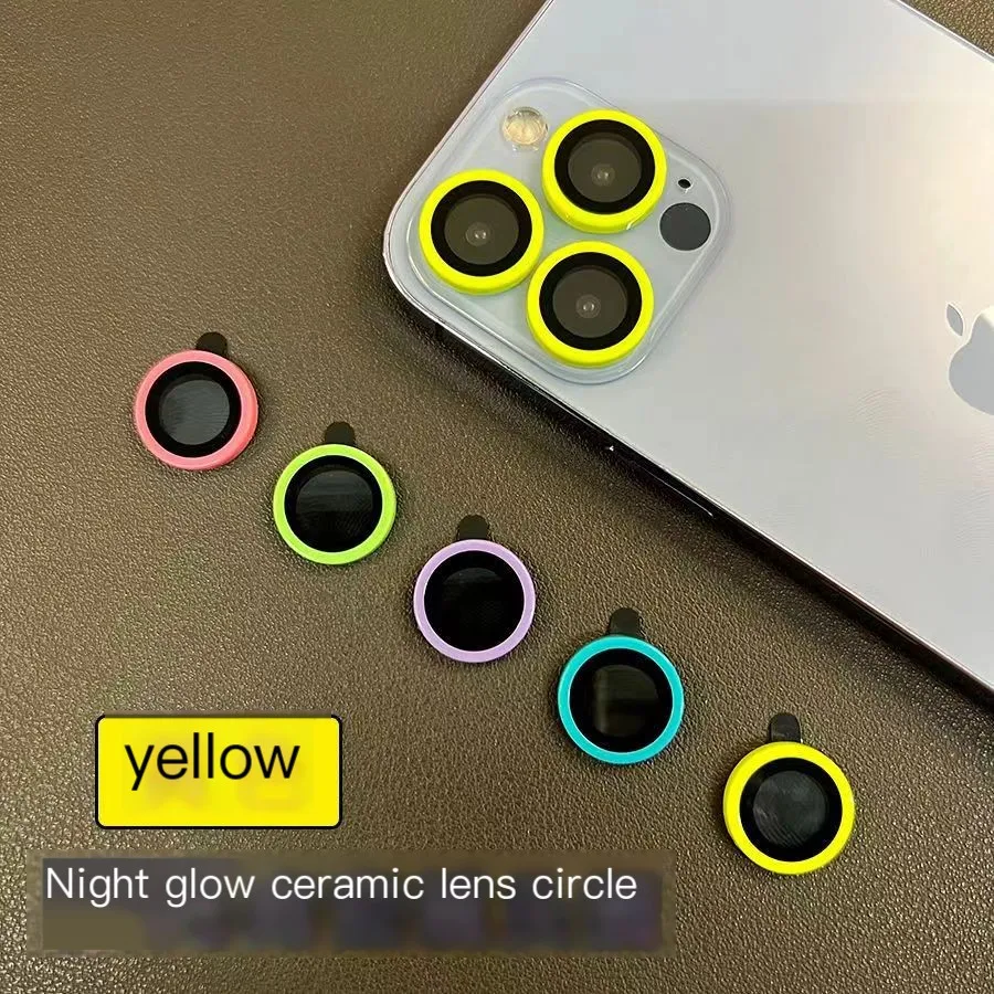 Color: Blue, Bundle: Bundle7, Material: Tempered Glass, Ships From: CHINA - For iPhone 15 14 13 12 Pro Max 12 11 mini Luminous Camera Protector Ceramic Lens Ring Tempered Glass Back lens Cap Cover