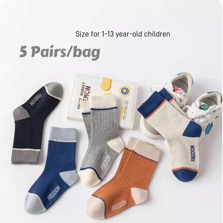 Color: Blue, Size: 7-9T - 5 Pairs Children's Socks Spring Autumn Socks Kids Boys Cotton Socks Baby Letter Pattern Mid Calf Sock