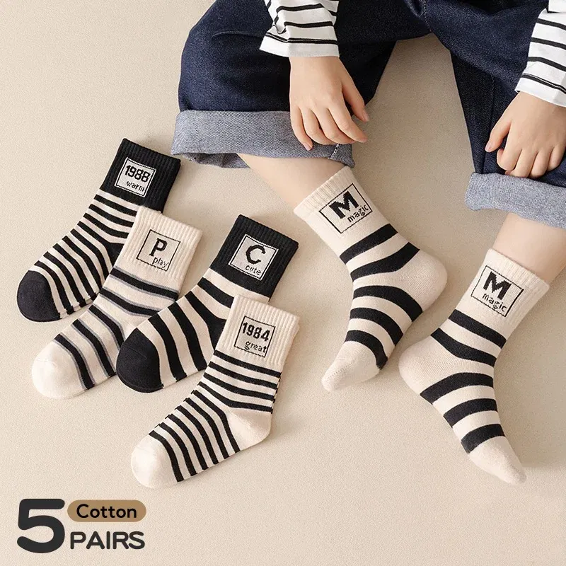 Color: Blue, Size: 7-9T - 5 Pairs Children's Socks Spring Autumn Socks Kids Boys Cotton Socks Baby Letter Pattern Mid Calf Sock