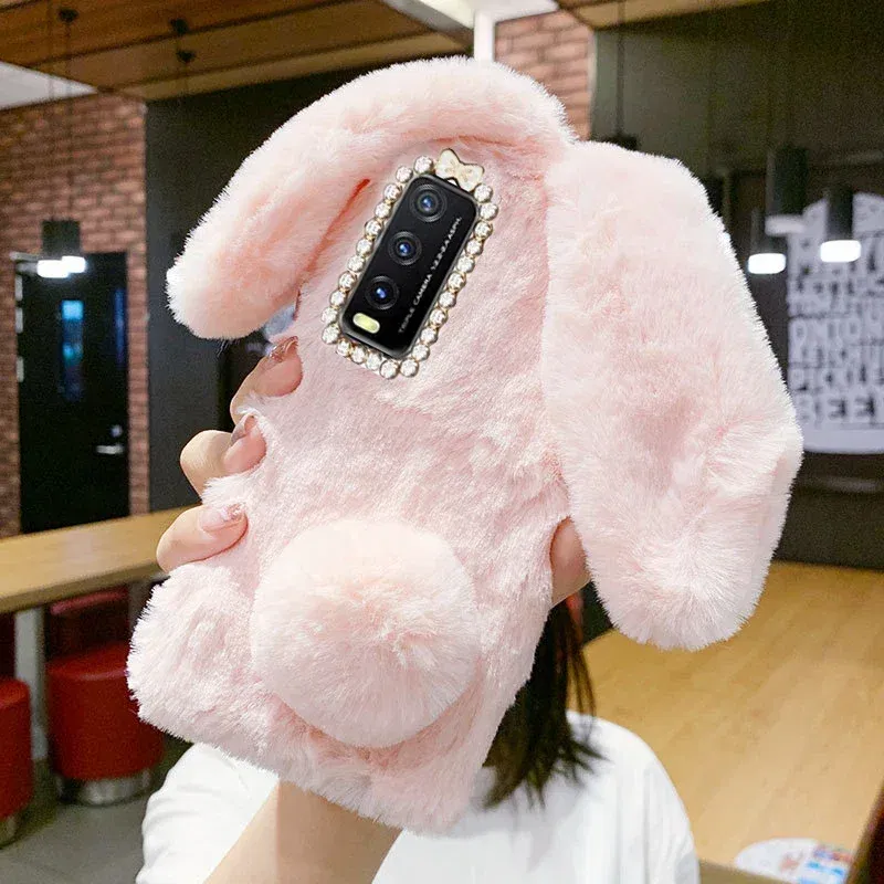 Color: pink, Material: Wood - Warm Plush Rabbit Fluffy fur Cover for Samsung A15 A25 A35 A55 A14 A24 A34 A54 A13 A23 A33 A53 A12 A22 A32 A52 A51 Phone Case