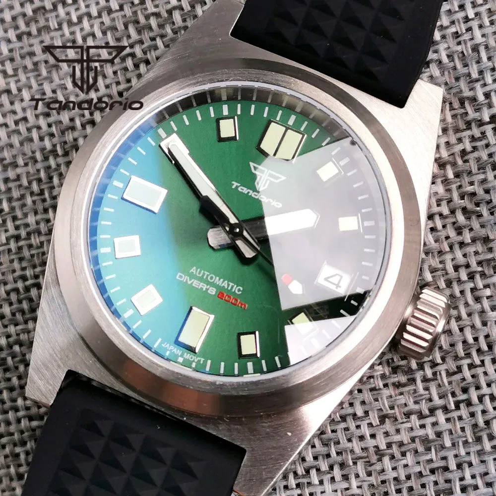 Color: BRONZE - Tandorio Black/Blue/Green Sunburst Dial NH35A 38mm Automatic Men's Watch 200M Brushed Case AR Sapphire Crystal Rubber Strap