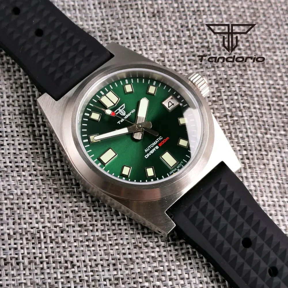 Color: BRONZE - Tandorio Black/Blue/Green Sunburst Dial NH35A 38mm Automatic Men's Watch 200M Brushed Case AR Sapphire Crystal Rubber Strap