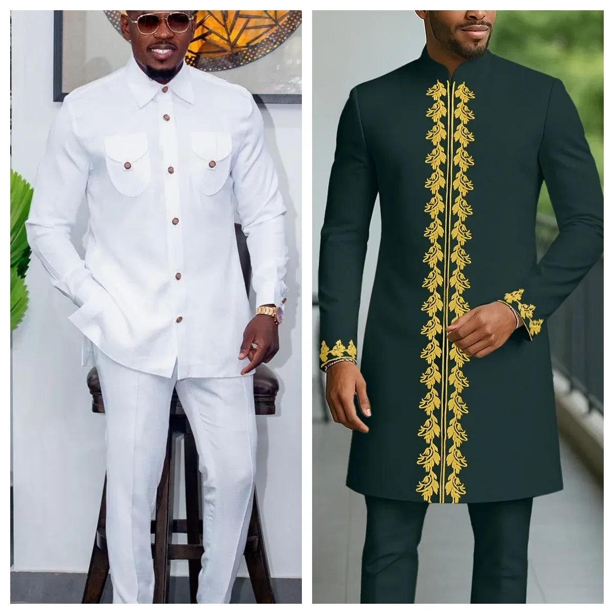 Color: GRAY, Size: XXXL - New Men's Tenos Wedding 2-Piece Suit Waist Pants Shirt Solid Color Panel Long Sleeve Party African Ethnic Style Clothing (M-4XL)