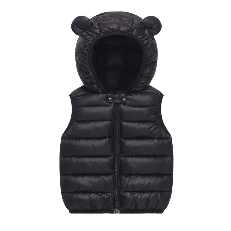 Color: black, Kid Size: 4T - Baby Boys Girl Warm Down Vest Toddler Cotton Waistcoat Children Autumn and Winter Clothes Kids Hooded Jackets 1-6 Years Old