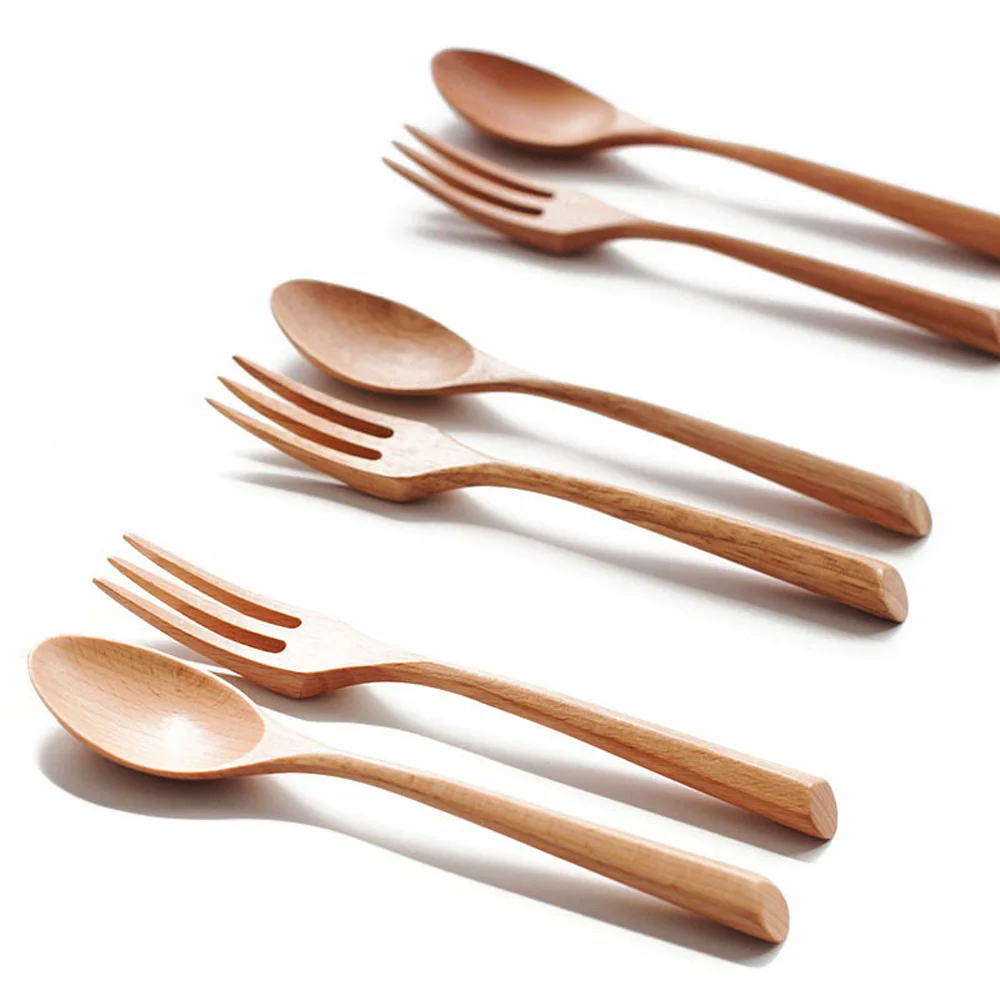 Color: green - Creative Design Thick Handle Wood Spoon Fork Portable Tableware Wooden Cutlery Sets Travel Dinnerware Environmental Kitchen Tool