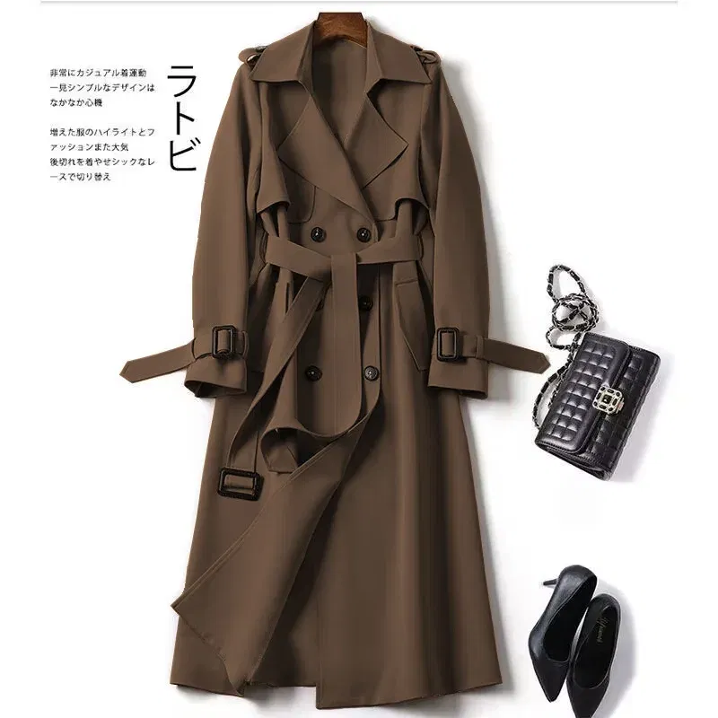 Color: Beige, Size: XL - Autumn Winter Long Sleeve Trench Coat For Women 2024 Fashion Loose Office Lady Long Outerwears Jacket Coats Female Clothing