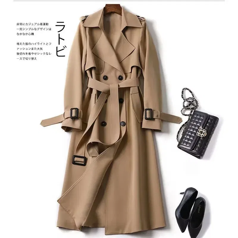 Color: Beige, Size: XL - Autumn Winter Long Sleeve Trench Coat For Women 2024 Fashion Loose Office Lady Long Outerwears Jacket Coats Female Clothing