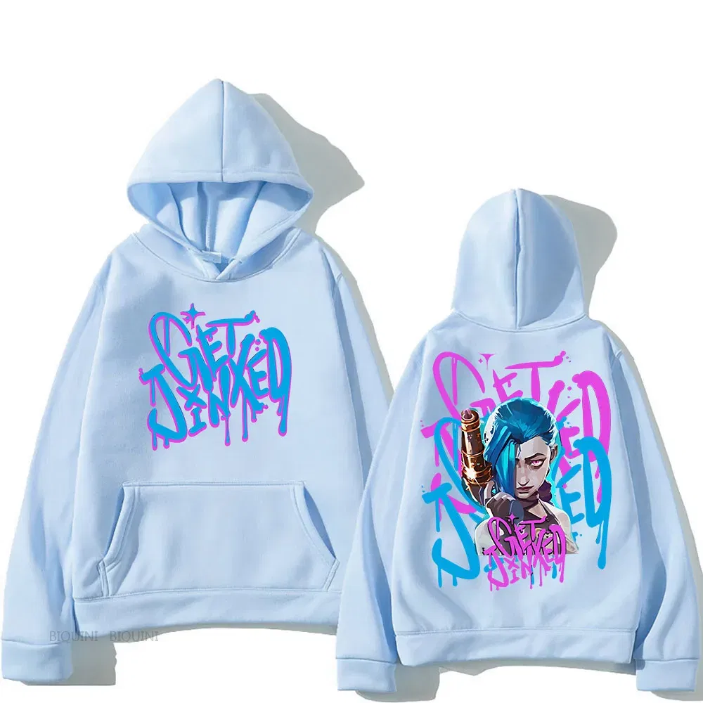 Color: Blue, Size: XL - Arcane Jinx Cute Hooded Anime Print Harajuku Kawaii Sweatshirt Long-sleeved Cartoon Fleece Clothes Moletom Fashion Pullovers