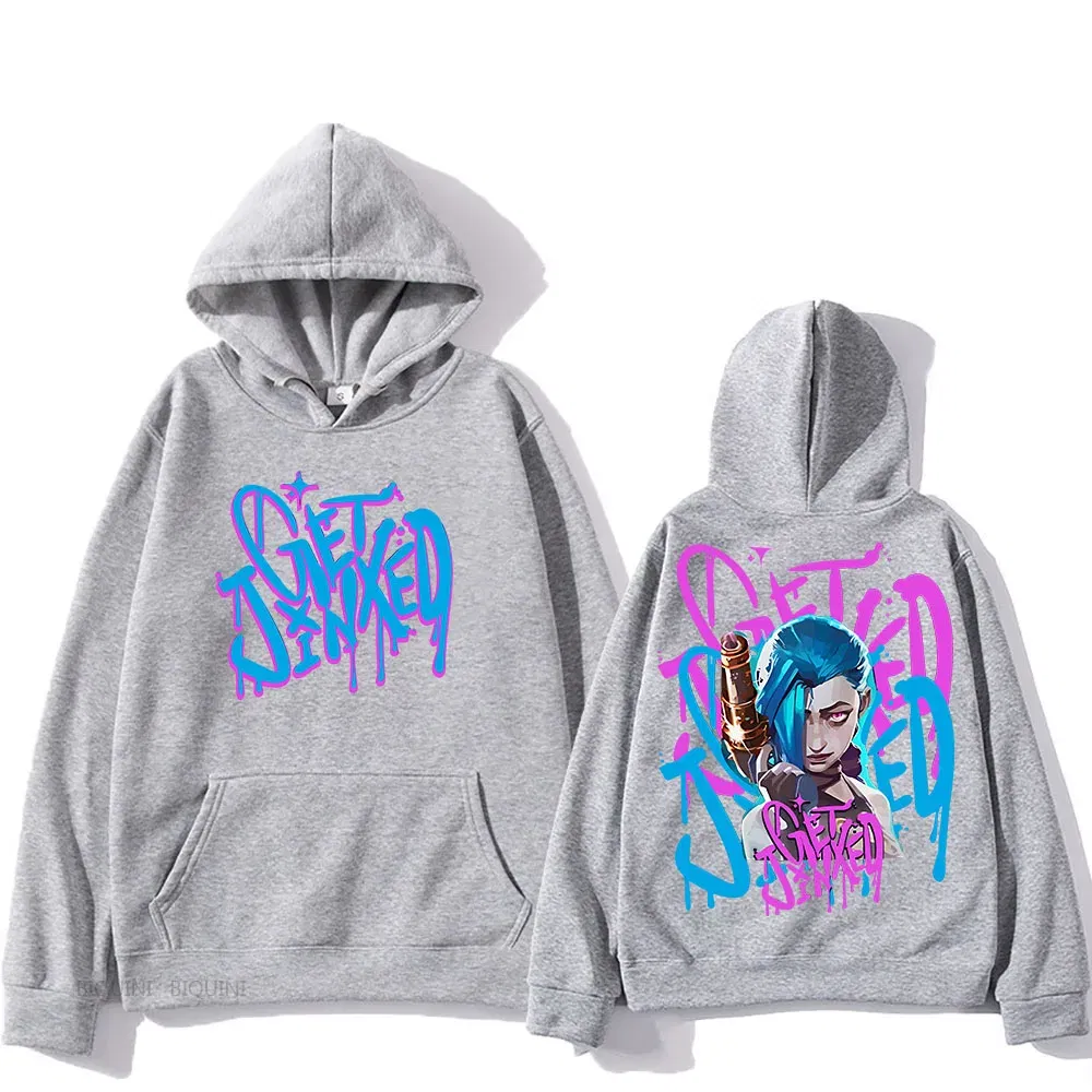 Color: Blue, Size: XL - Arcane Jinx Cute Hooded Anime Print Harajuku Kawaii Sweatshirt Long-sleeved Cartoon Fleece Clothes Moletom Fashion Pullovers