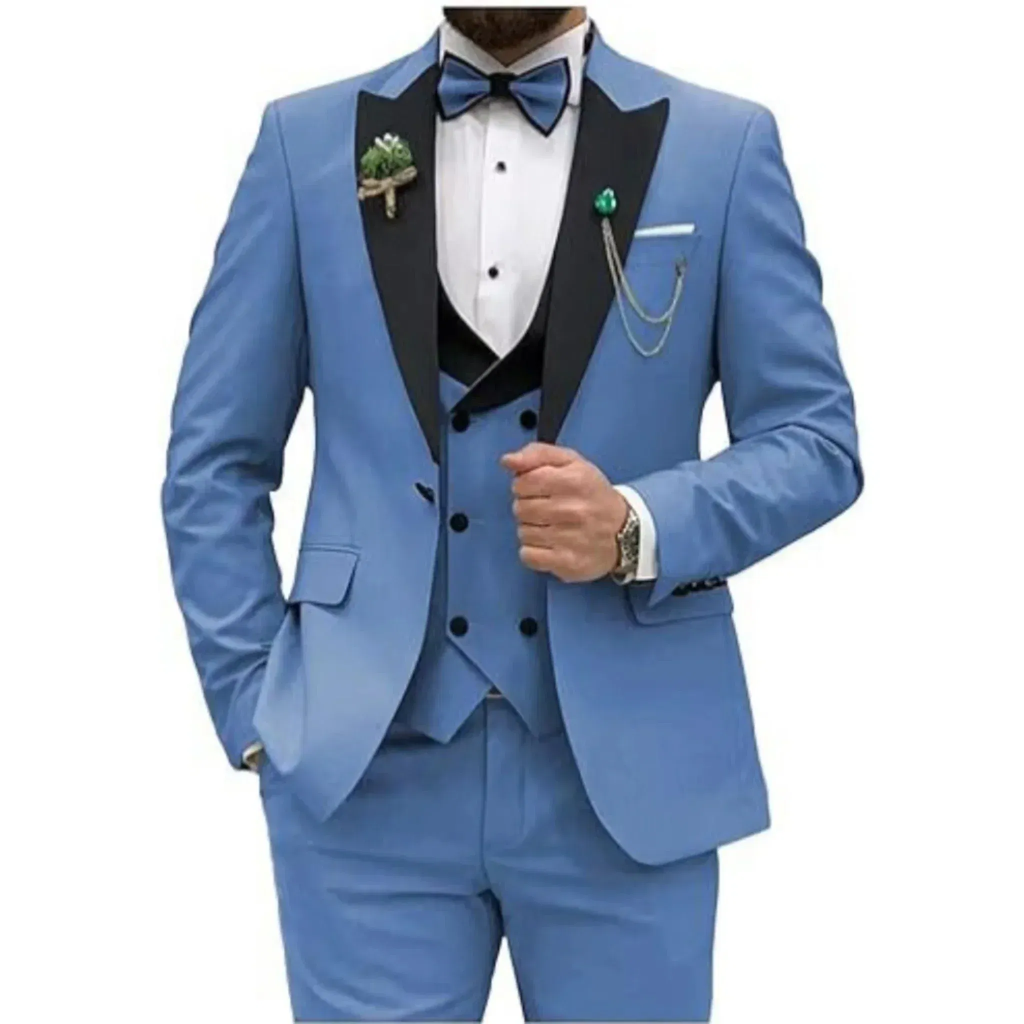 Color: Blue, Size: XXL - Men Suit Colorful Luxury Blazer Vest And Pant Sets 3 Piece Birthday Dress Business  Prom Evening Party Costumes High Quality