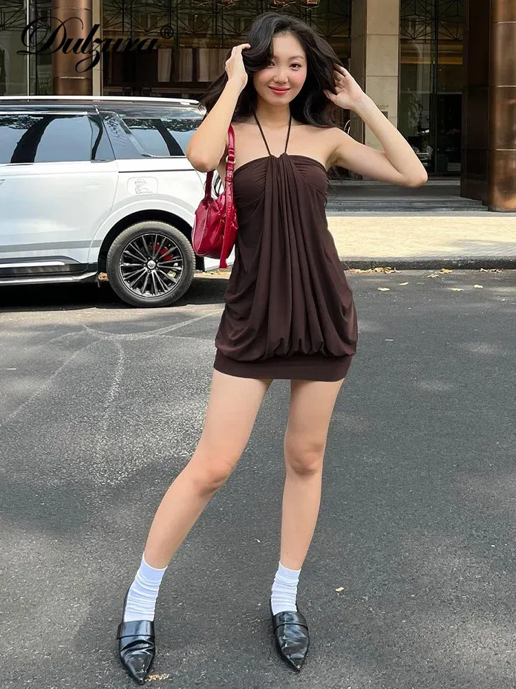Color: Coffee, Size: S - Dulzura Sexy Mini Halter Ruched Backless Short Dress Solid Sleeveless Women Dresses Summer Lady Party Birthday Club Clothes Y2K