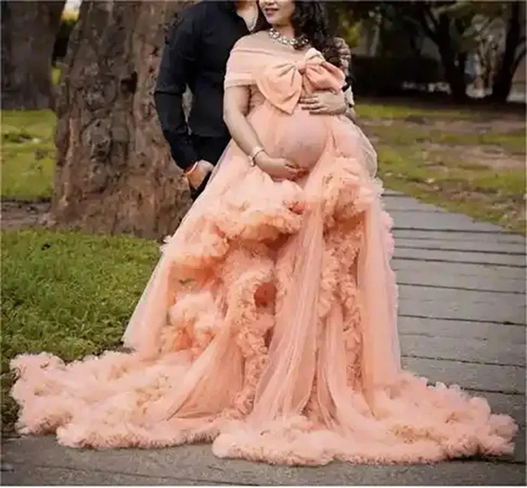 Color: Lotus Color, Maternity Size: 12, Ships From: CHINA - BIG BOW Tulle Ruffle maternity dresses photoshoot baby shower п?»?°?‚ь?µ д?»я ?±?µр?µм?µнн?‹?… فس?§تي?†