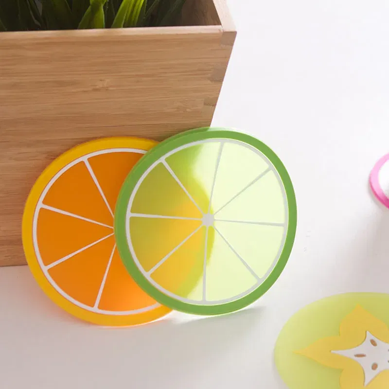 Color: Orange, Shape Style: Round - Silicone Coaster Mini Round Fruit Pattern Drink Coaster Hot Drink Holder Hot Coffee Tray Desktop Insulation Pad Cute Creative