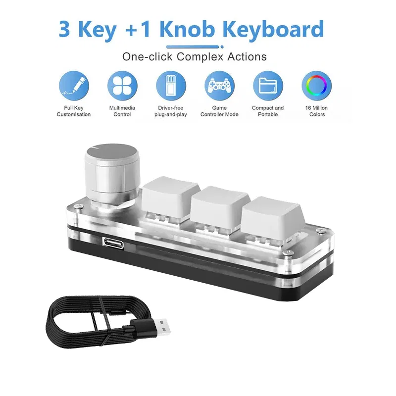Color: WHITE - Macropad Macro Mechanical Keyboard RGB Mini Gaming Custom Programming Knob Keypads Red Switch 3 Keys For Photoshop