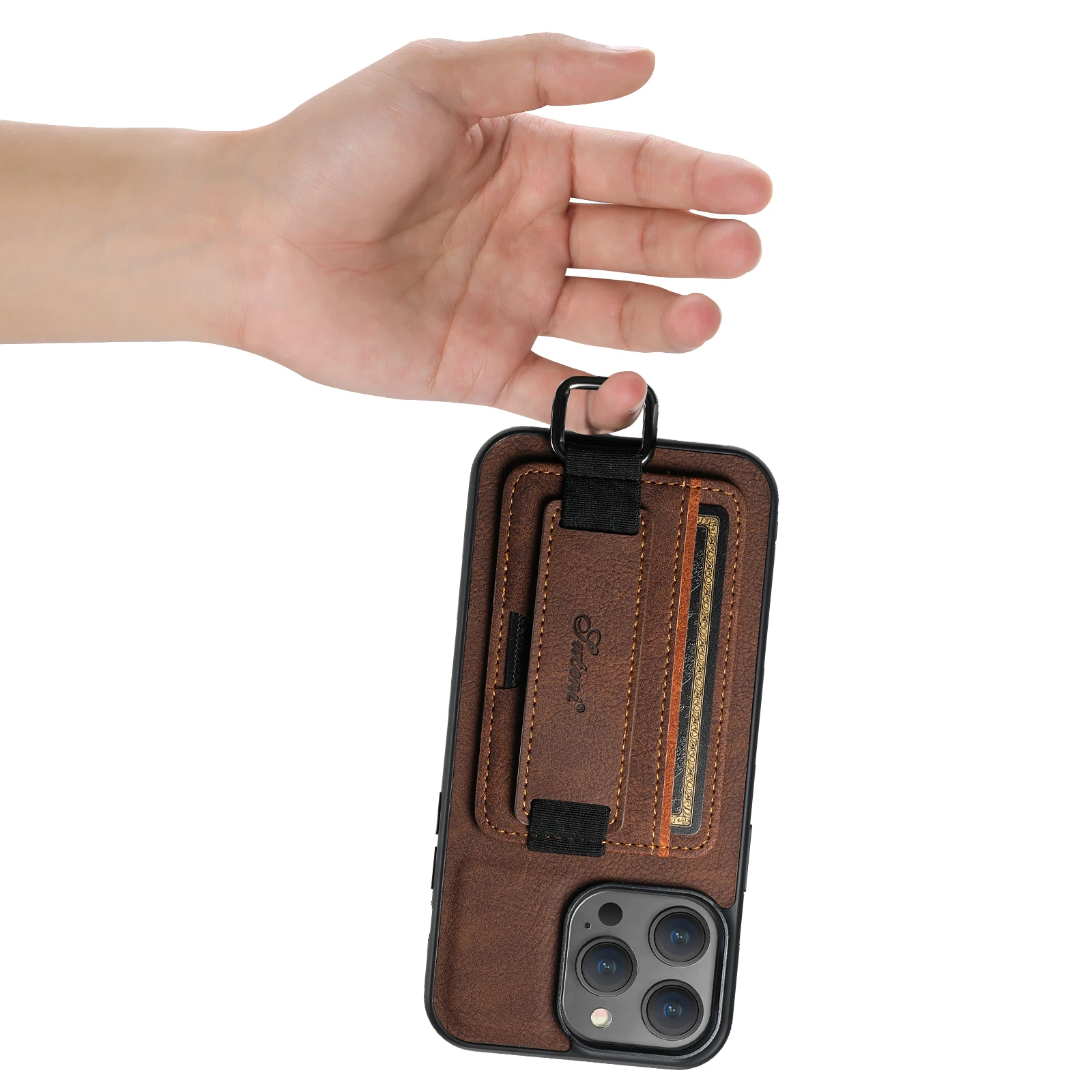 Color: PURPLE, Material: PVC - SUTENI Lychee skin print wrist strap card phone case Card holder for iPhone 16 ProMax 15 Plus 14 13 12 11 XR XS Black/blue/brown