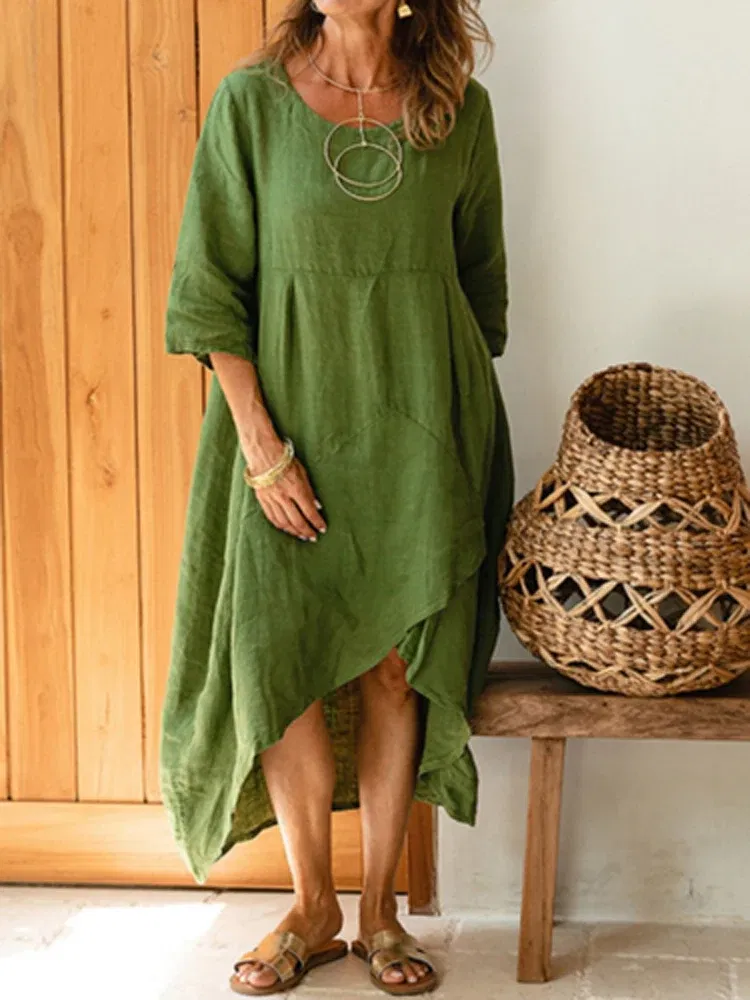 Color: Beige, Size: L - Women Autumn Summer Fashion O Neck Solid Pullover Dress Casual Loose Half Sleeve Irregular Dress Simple Linen Office Lady Dress