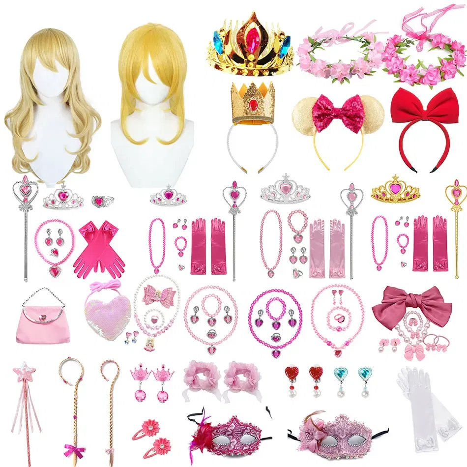 Color: multi - Baby Girls Accessories Princess Peach Accessory Children Pink Headband Crown Wig Necklace Party Aurora Cosplay Dress Up Outfits