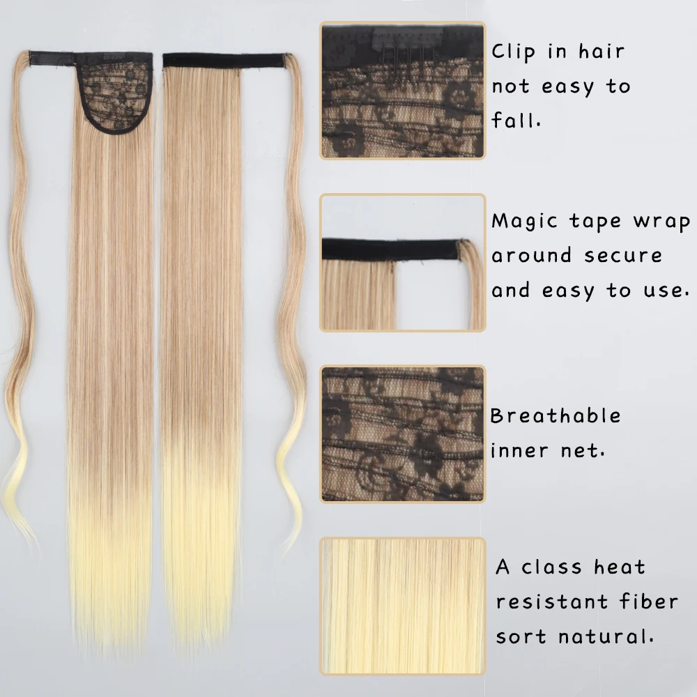Color: T1B/613, Stretched Length: 22inches - AZQUEEN Straight Synthetic Hairpiece With Ponytail 85cm Super Long Wrap Around Clip In Hair Extensions Pony Tail For Daily Wear