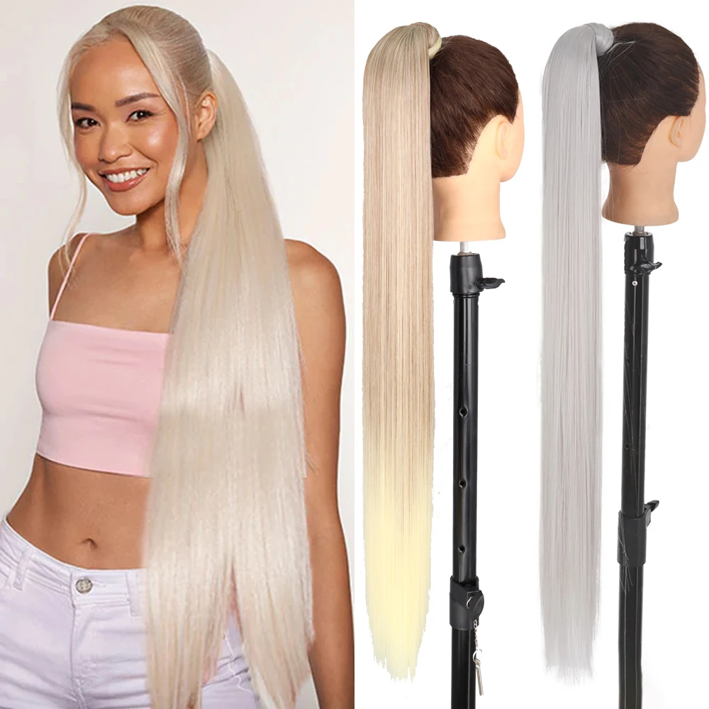 Color: T1B/613, Stretched Length: 22inches - AZQUEEN Straight Synthetic Hairpiece With Ponytail 85cm Super Long Wrap Around Clip In Hair Extensions Pony Tail For Daily Wear