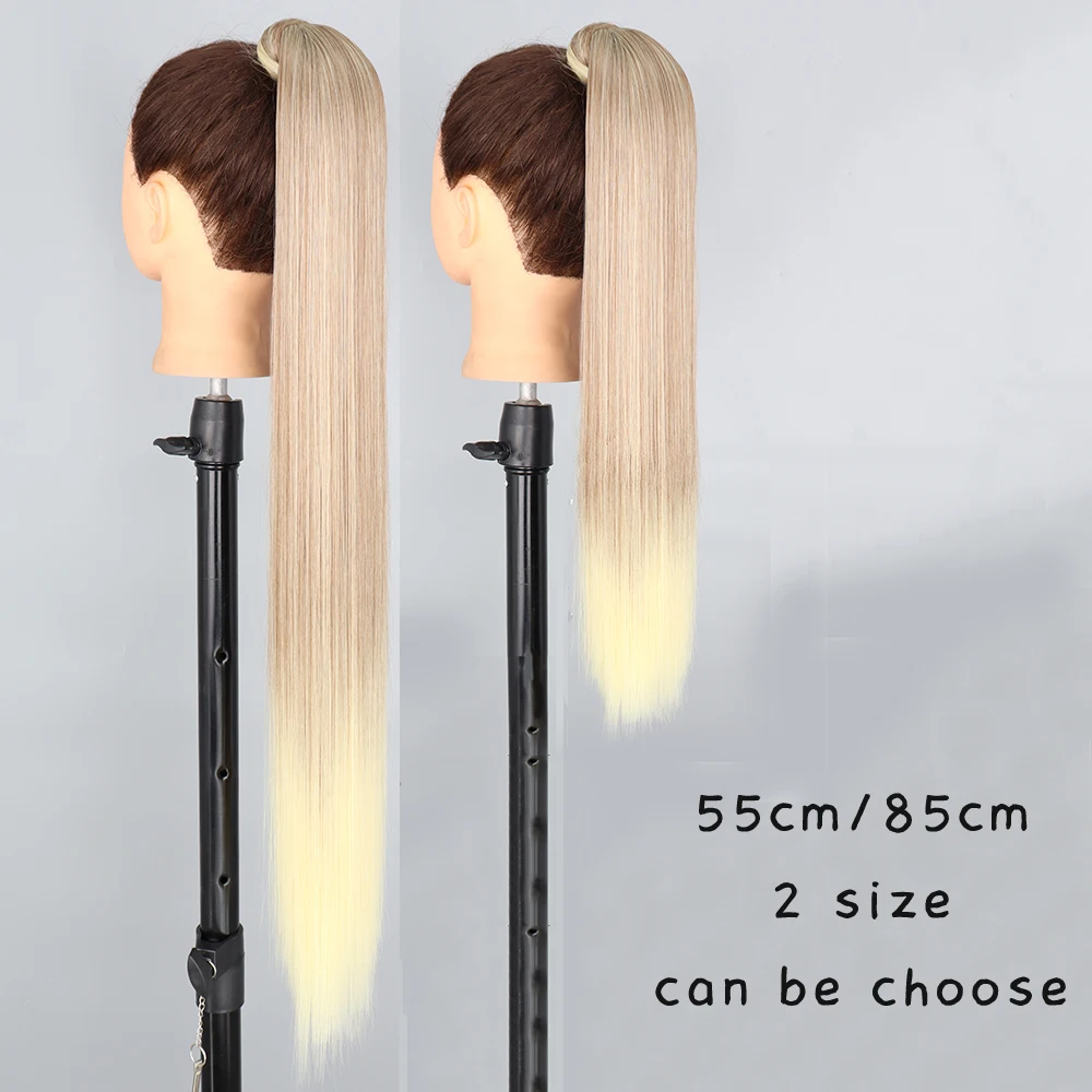 Color: T1B/613, Stretched Length: 22inches - AZQUEEN Straight Synthetic Hairpiece With Ponytail 85cm Super Long Wrap Around Clip In Hair Extensions Pony Tail For Daily Wear