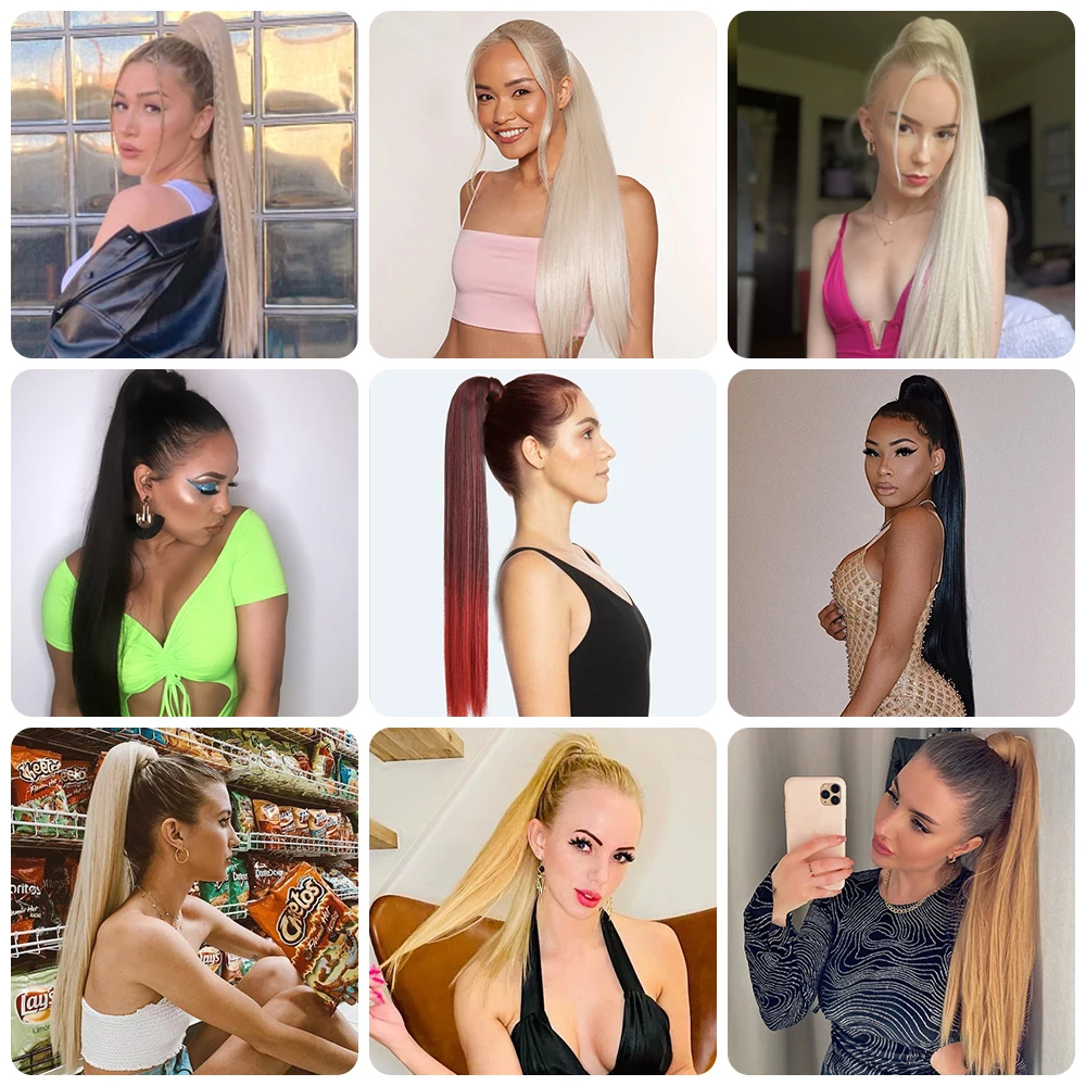 Color: T1B/613, Stretched Length: 22inches - AZQUEEN Straight Synthetic Hairpiece With Ponytail 85cm Super Long Wrap Around Clip In Hair Extensions Pony Tail For Daily Wear