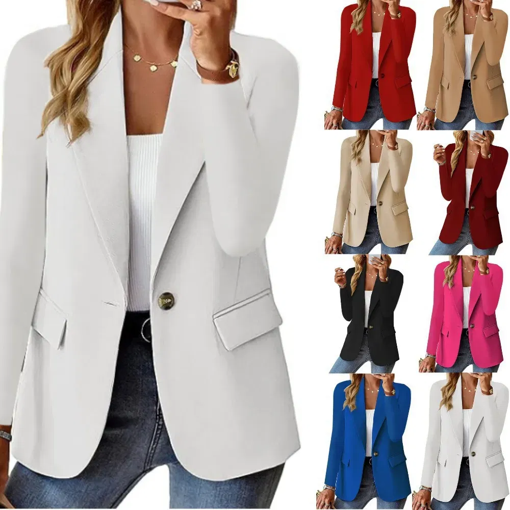 Color: black, Size: L - Womens Spring Winter Down Full Long Sleeve Coat Autumn Blazer Button Outwear Suit Cardigan Female
