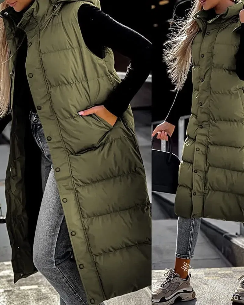 Color: army green, Size: XXXL - Hooded Zipper Jacket Women Oversize Waistcoat Winter Outerwear Hooded Parka Fashion Quilted Vest Casual