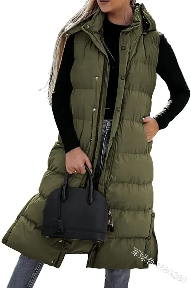 Color: army green, Size: XXXL - Hooded Zipper Jacket Women Oversize Waistcoat Winter Outerwear Hooded Parka Fashion Quilted Vest Casual