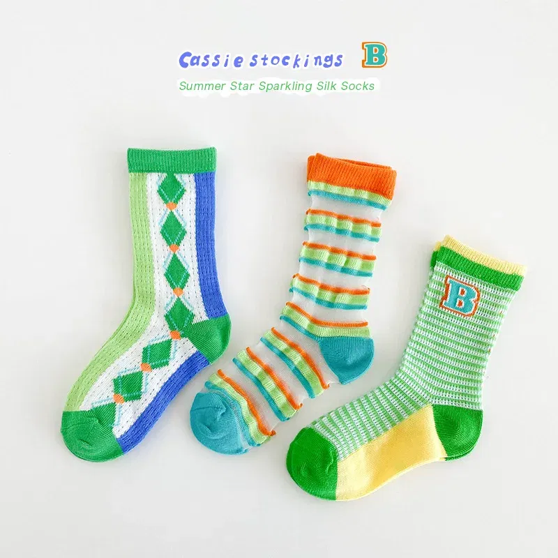 Color: GRAY, Size: 7-9T - Boys Summer Socks Girls Thin Socks Trendy Pattern Crew Socks Children Socks 3 Pairs