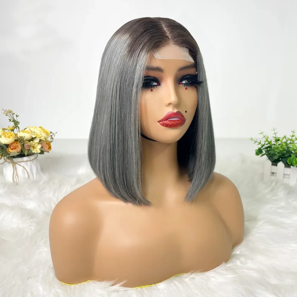 Hair Color: #8, Stretched Length: 10inches, Density: 100% - 250% Density Super Double Drawn Bob Wig Human Hair Gray Brazilian Straight 2x6 Glueless Lace Closure Wigs For Women Pre Plucked