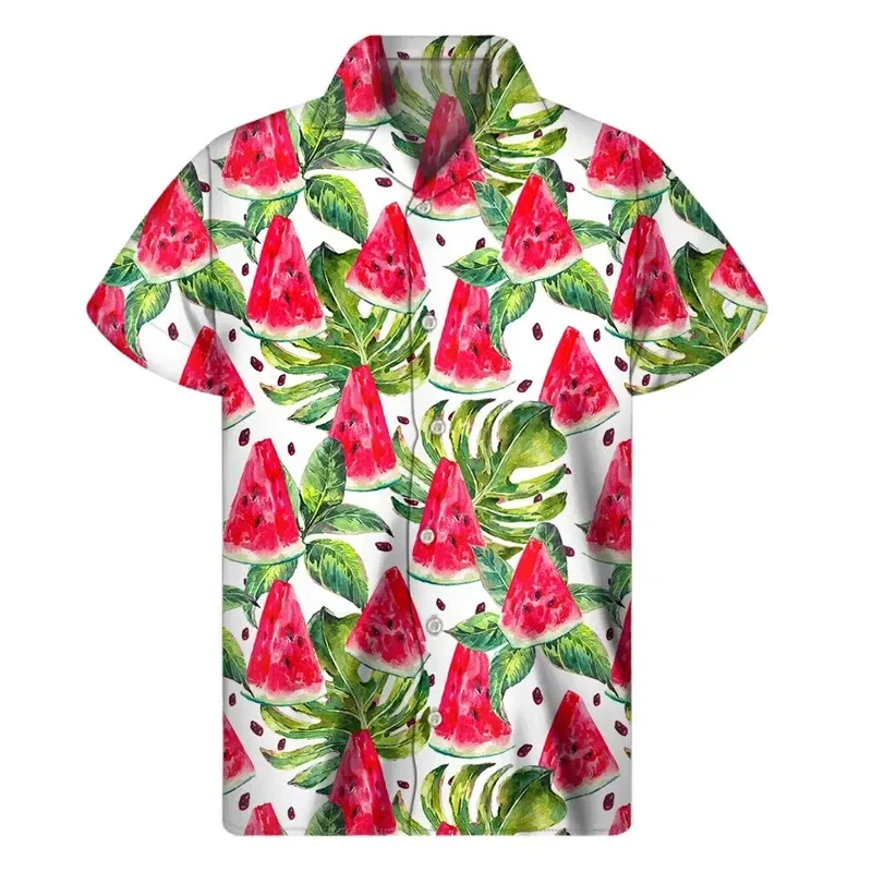 Color: Pink, Size: XL - Tropical Watermelon Graphic Hawaiian Shirt Summer Street Short Sleeves 3d Printed Fruits Button Shirts Men Clothes Lapel Blouse