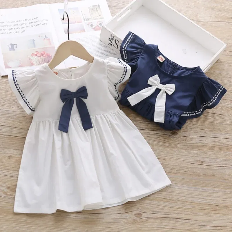 Color: Blue, Kid Size: 2T - Summer Baby Girl Princess Dress Casual Fashion Baby Girl Flying Sleeve Bow-knot Princess Dress Kids Clothing For 1-6 Years Old