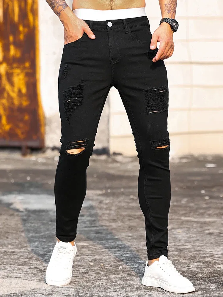 Color: black, Size: M - Fashion Men's Street Ripped Jeans Pure Black Stretch Tight Small Foot Pencil Pants Boyfriend Club Clothing Denim Ropa Hombre