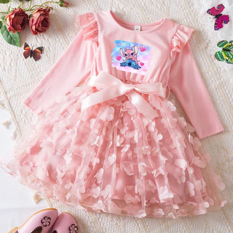 Color: GRAY, Size: One Size, Height: 164 - Lilo Stitch Girl Baby Dresses Spring Autumn Child Long Sleeve Sweet Princess Dress Mesh Newborn Casual Dress Birthday Party 2-6Y