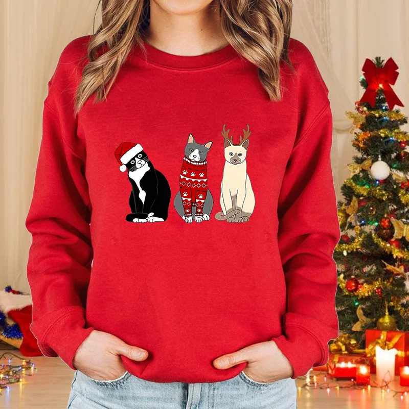 Color: GRAY, Size: XXL - New fashion women's Christmas cat sweater long-sleeved round neck pullover sweater fall and winter Christmas women's tops