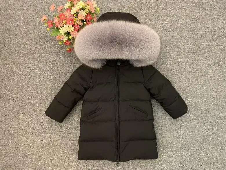Color: PEACOCK BLUE, Kid Size: 2T - Children Girl boy Winter real fur thickened down jackets 90 down Long Coat jacket overcoat baby kids clothing -30 outwear ws1245