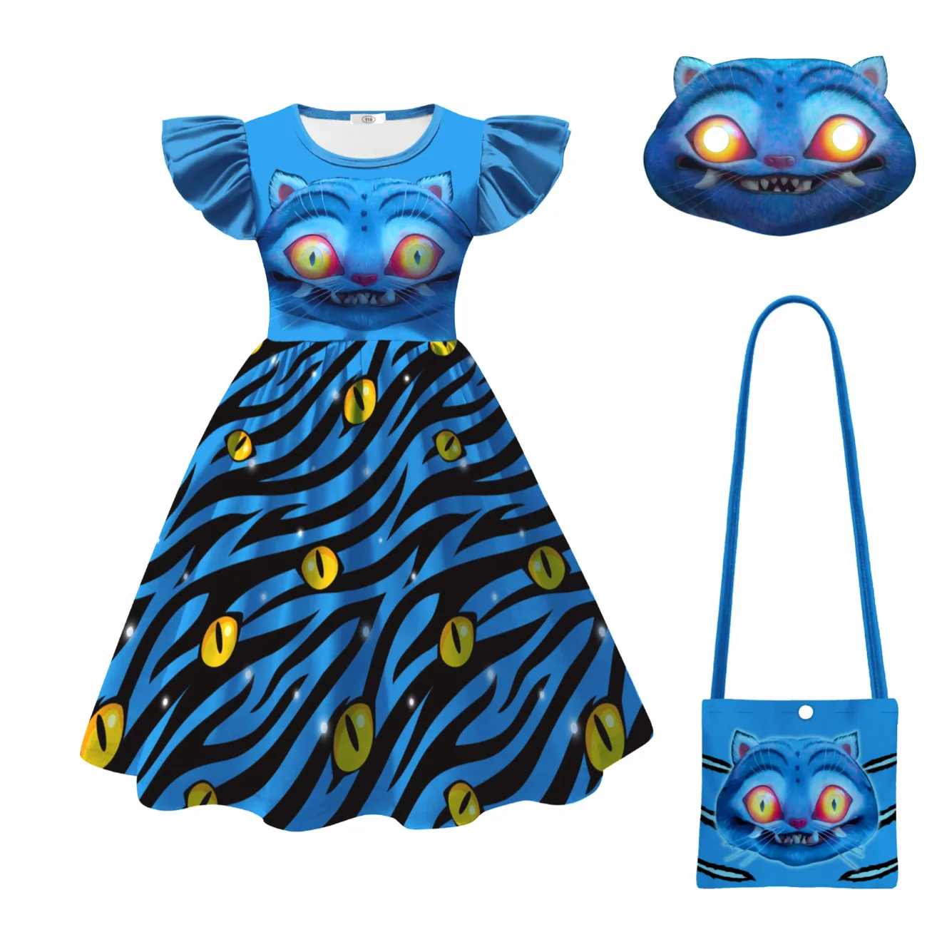 Color: SKY BLUE, Kid Size: 5 - Festival Children Carnival Masquerade Elegant Party Kids Clothes Fashion Girls KPop Demon Hunter Tiger Print Dress for 3-14Years