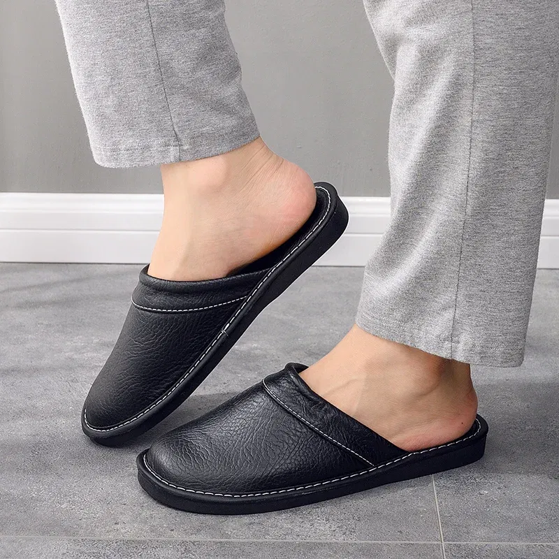 Color: Lavender, Shoe Size: 9.5 - Mens Bedroom Leather Slippers Unisex Black Home Shoes Big Size 47 48 Man's Slippers Indoor Comfy Males Slides Family Flats Shoes