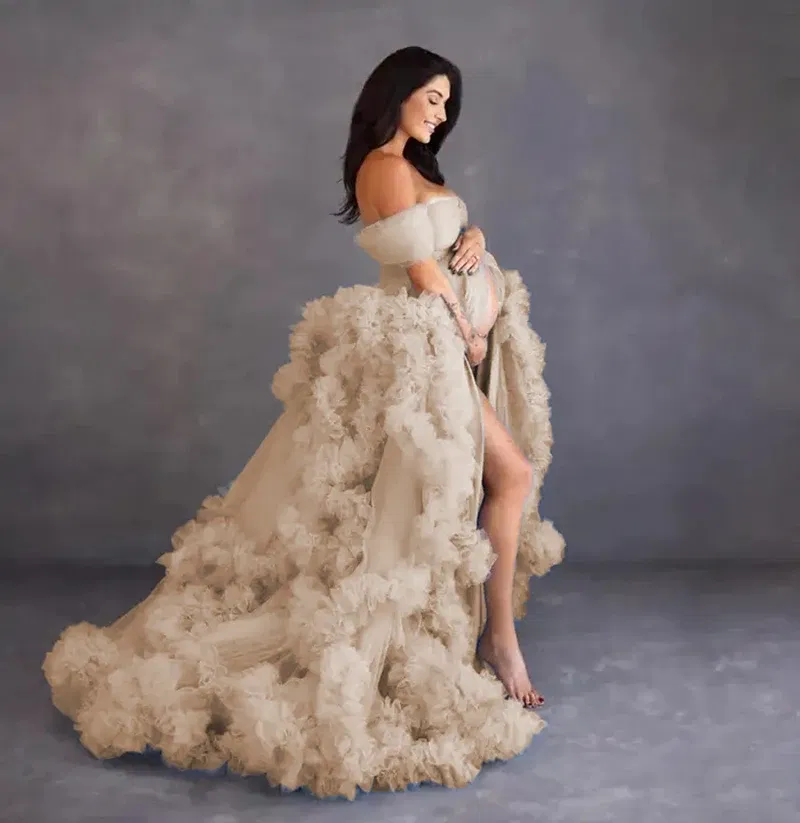 Color: Champagne, Maternity Size: M, Ships From: CHINA - Tulle Long Maternity Dress Photoshoot  п?»?°?‚ь?µ  photography dresses baby shower dresses for pregnant woman  п?»?°?‚ь?µ д?»я ?±?&micr