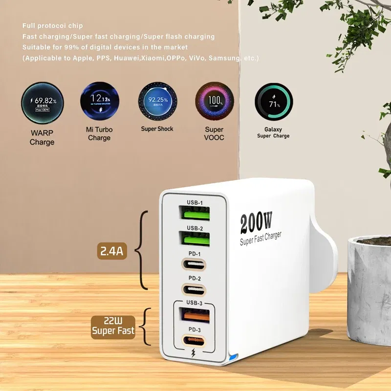 Plug Type: BR - Xiaomi 200W Super Fast Charging 6 Port USB C Charger PD3.0 USB C Type C Mobile Phone Charger For iPhone 16 Samsung Xiaomi ipad