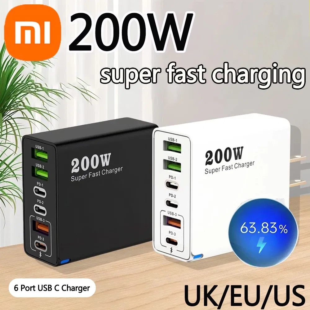 Plug Type: BR - Xiaomi 200W Super Fast Charging 6 Port USB C Charger PD3.0 USB C Type C Mobile Phone Charger For iPhone 16 Samsung Xiaomi ipad