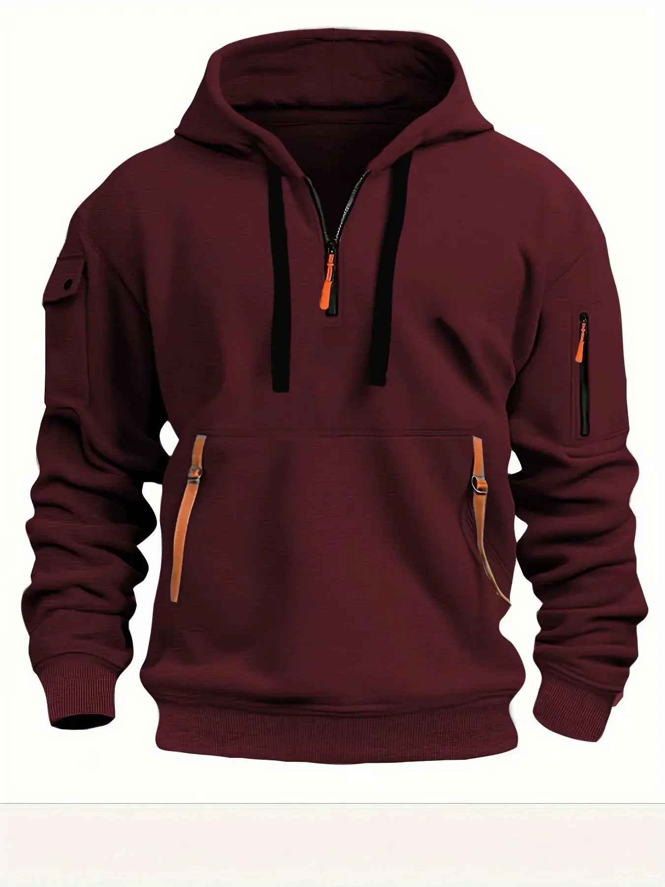 Color: Burgundy, Size: XL, Sale by Pack: Pack of 1, Ships From: CHINA - New hoodie men zipper multi pocket hoodie Spring  Winter Fleece Warm Sweatshirt Fashion Streetwear Sports Hoody Solid Pullover