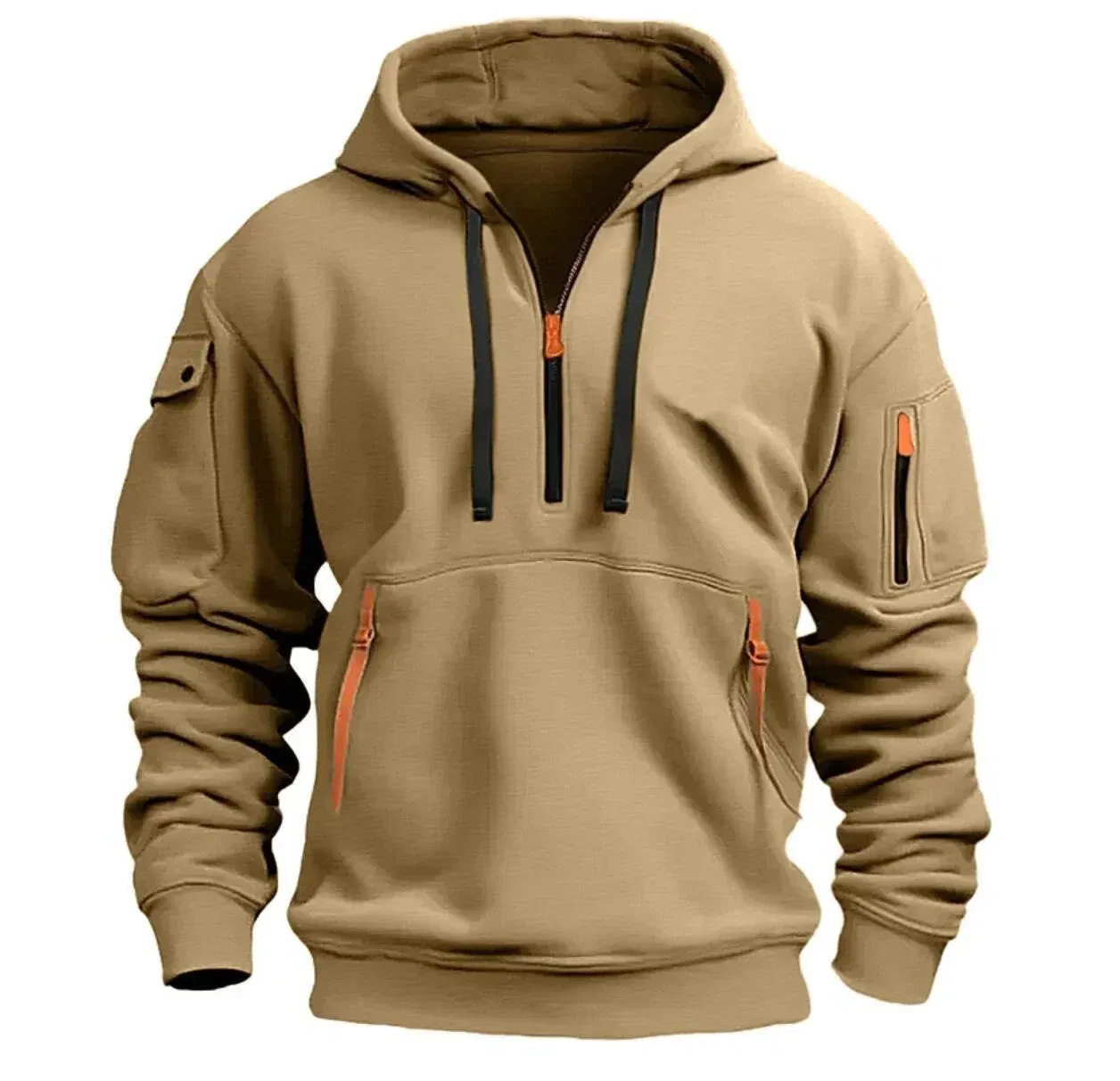 Color: Burgundy, Size: XL, Sale by Pack: Pack of 1, Ships From: CHINA - New hoodie men zipper multi pocket hoodie Spring  Winter Fleece Warm Sweatshirt Fashion Streetwear Sports Hoody Solid Pullover