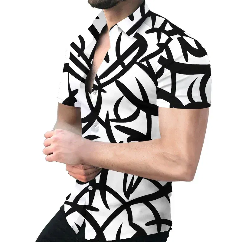 Color: black, Size: XXL - 3D Men's Striped Printed Short Sleeve Shirt, Fashionable And Casual Loose Shirt, 2023 New Style.